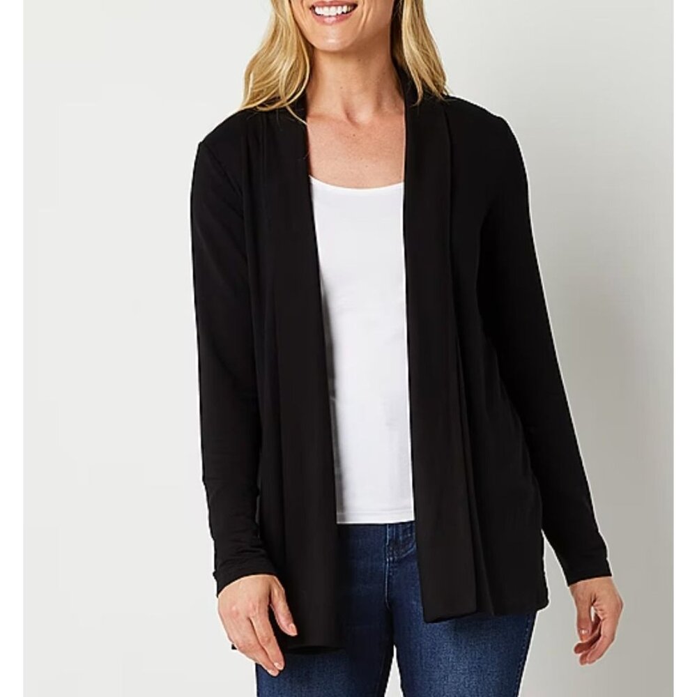 Liz Claiborne Black Open Front Cardigan L Lightweight Rayon Blend